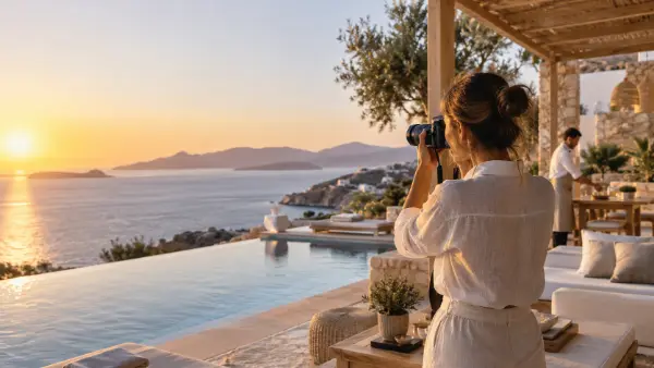 A creator photographing the sea at sunset from the terrace of a clifftop hotel.