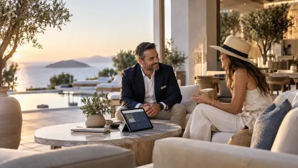 A hotel manager and a creator talking over a tablet in a hotel lounge at golden hour.